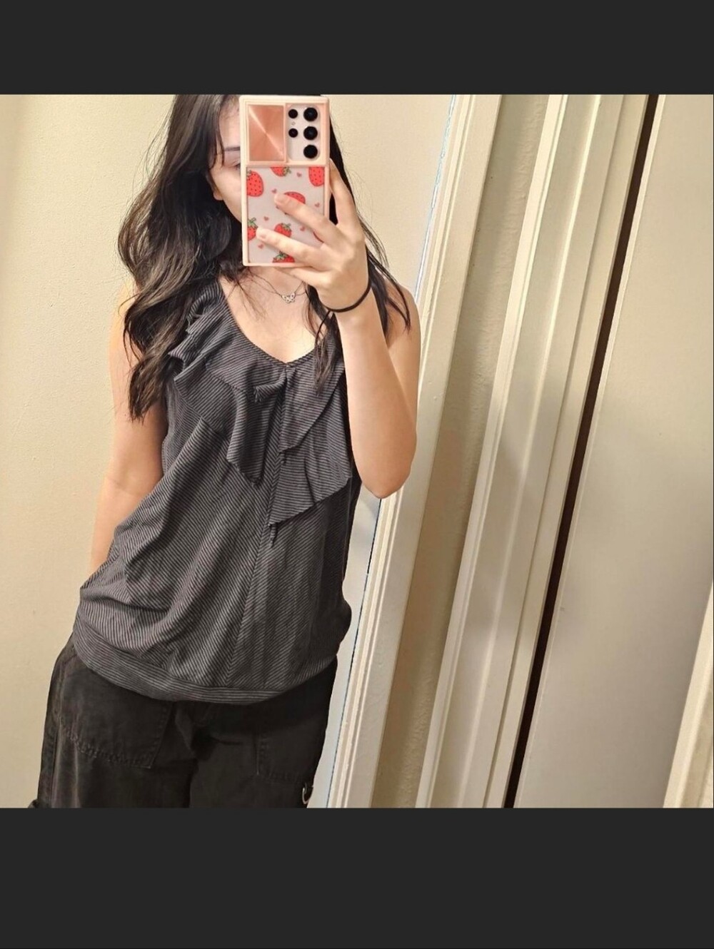 DKNY Black and White Striped Ruffle V-Neck Sleeveless Blouse